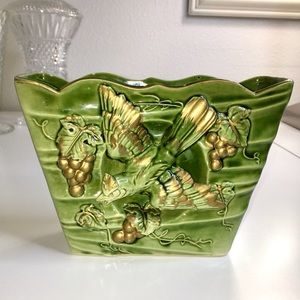 Japanese Avocado Green & Metallic Gold Vase with Relief of Jay Bird & grapes